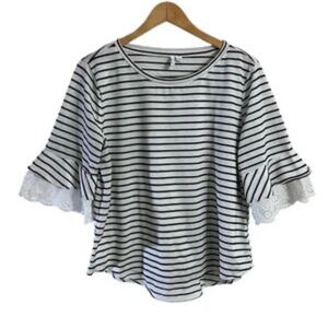 Womens Elle Black White Top Blouse Eyelet Knit Embroidered Lace Sleeve Sz XLarge